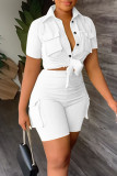 Black Casual Solid Bandage Patchwork Pocket Buckle Turndown Collar Short Sleeve Two Pieces