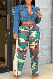 Army Green Street Camouflage Print Patchwork Boot Cut High Waist Wide Leg Full Print Bottoms