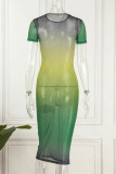 Green Sexy Gradual Change Print See-through O Neck Short Sleeve Dress Dresses