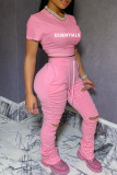 Pink Casual Letter Print Ripped Fold O Neck Short Sleeve Two Pieces