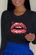 Black Street Lips Printed Patchwork O Neck Tops