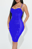 Champagne Sexy Solid Sequins Patchwork See-through Spaghetti Strap Sling Dress Dresses