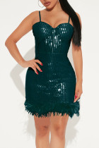 Green Sexy Solid Sequins Patchwork Feathers Spaghetti Strap Sling Dress Dresses