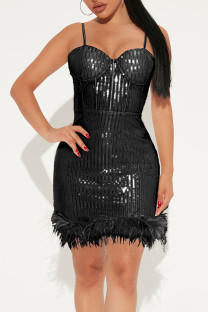 Black Sexy Solid Sequins Patchwork Feathers Spaghetti Strap Sling Dress Dresses