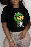 Black Casual Print Letter O Neck T-Shirts