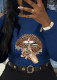 Navy Blue Street Lips Printed Patchwork O Neck Tops