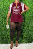 Coffee Casual Letter Print Tassel Patchwork Slit V Neck T-Shirts