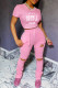 Pink Casual Print Ripped Fold O Neck Short Sleeve Two Pieces