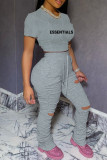 Pink Casual Letter Print Ripped Fold O Neck Short Sleeve Two Pieces