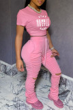 Pink Casual Print Ripped Fold O Neck Short Sleeve Two Pieces