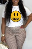 White Casual Print Letter O Neck T-Shirts
