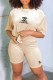 Apricot Casual Print Letter O Neck Short Sleeve Two Pieces