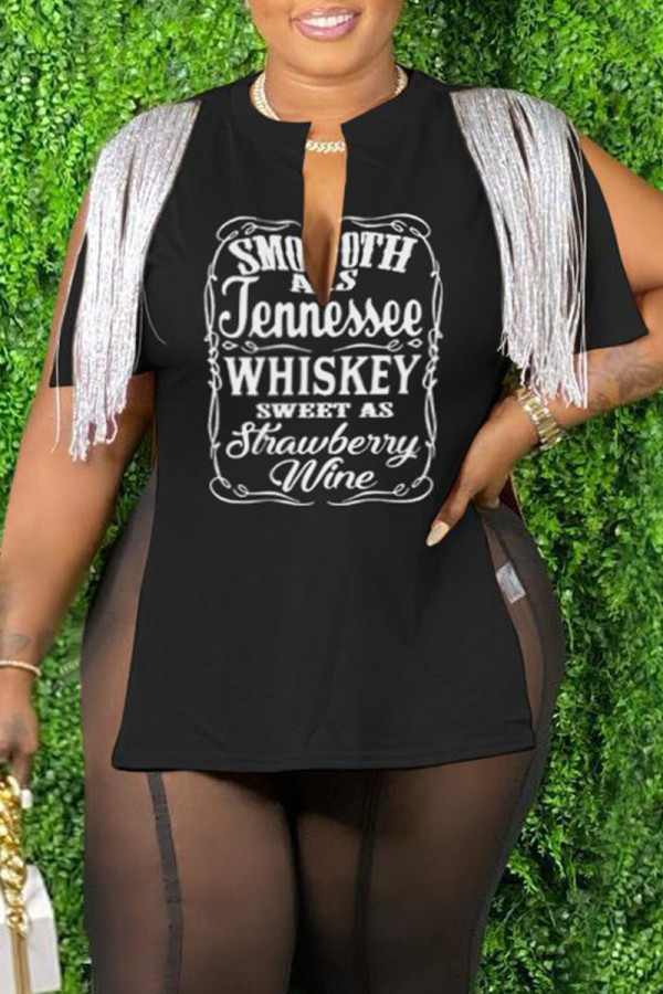Black Casual Letter Print Tassel Patchwork Slit V Neck T-Shirts