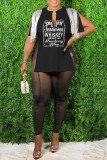 Coffee Casual Letter Print Tassel Patchwork Slit V Neck T-Shirts