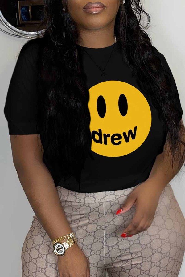 Black Casual Print Letter O Neck T-Shirts