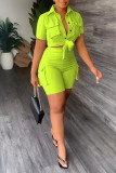 Fluorescent Green Casual Solid Bandage Patchwork Pocket Buckle Turndown Collar Short Sleeve Two Pieces