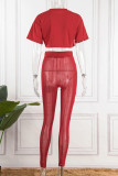 Red Casual Solid See-through O Neck Short Sleeve Two Pieces
