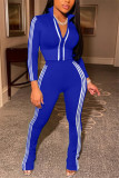 Blue Fashion Casual Striped Patchwork Patchwork Zipper Collar Long Sleeve Two Pieces