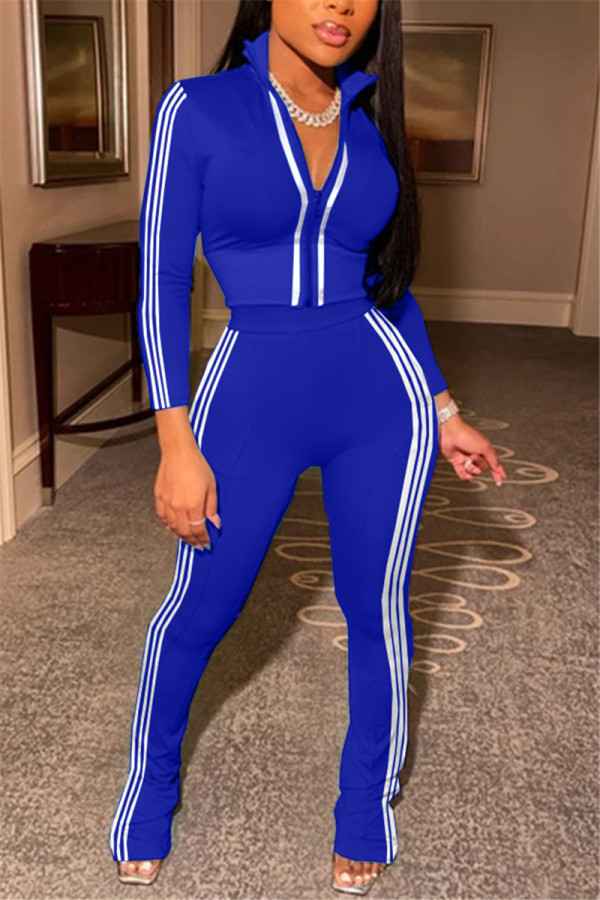Blue Fashion Casual Striped Patchwork Patchwork Zipper Collar Long Sleeve Two Pieces