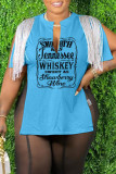 Coffee Casual Letter Print Tassel Patchwork Slit V Neck T-Shirts