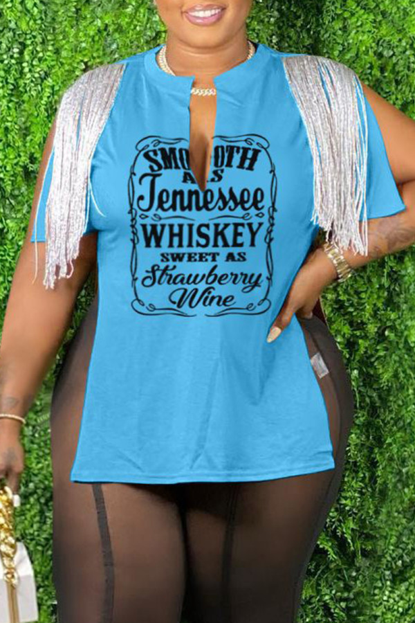 Blue Casual Letter Print Tassel Patchwork Slit V Neck T-Shirts