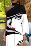 Black And White Casual Print Patchwork Asymmetrical Collar Irregular Dress Dresses