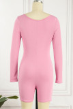 Pink Casual Street Solid Patchwork V Neck Skinny Rompers