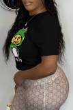 Black Casual Print Letter O Neck T-Shirts
