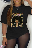 Black Casual Print Basic O Neck T-Shirts