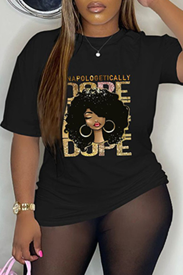 Black Casual Print Basic O Neck T-Shirts