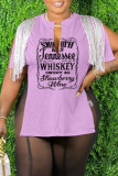 Coffee Casual Letter Print Tassel Patchwork Slit V Neck T-Shirts
