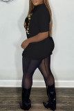 Black Casual Print Basic O Neck T-Shirts