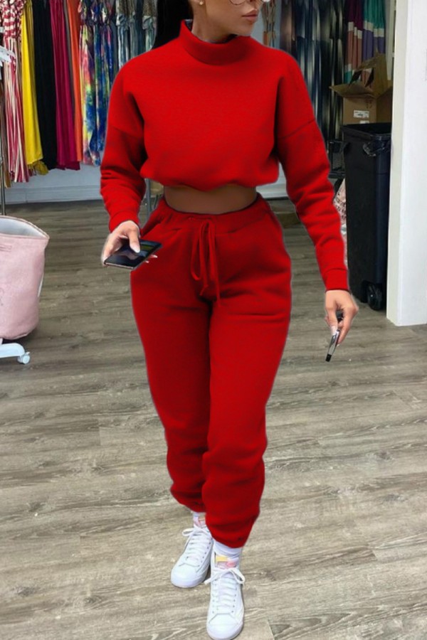 Red Casual Solid Basic Turtleneck Long Sleeve Two Pieces