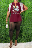 Coffee Casual Print Tassel Patchwork Slit V Neck T-Shirts