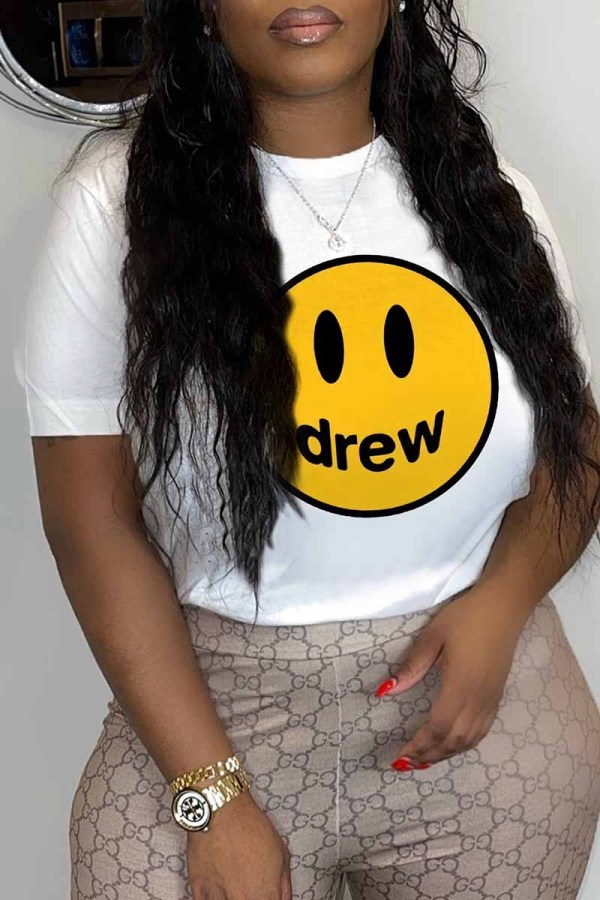 White Casual Print Letter O Neck T-Shirts