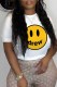 White Casual Print Letter O Neck T-Shirts