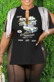 Coffee Casual Print Tassel Patchwork Slit V Neck T-Shirts
