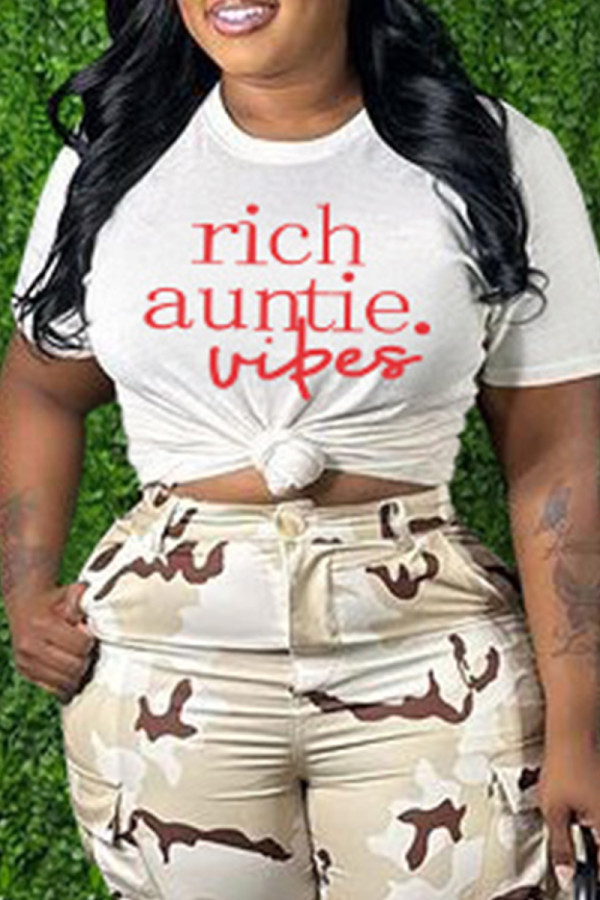 White Casual Letter Print Basic O Neck T-Shirts