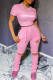 Pink Casual Letter Print Ripped Fold O Neck Short Sleeve Two Pieces