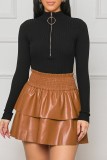 Caramel Colour Casual Solid Patchwork Regular High Waist Conventional Solid Color Skirts