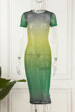Green Sexy Gradual Change Print See-through O Neck Short Sleeve Dress Dresses