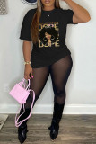 Black Casual Print Basic O Neck T-Shirts