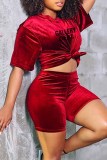 Red Casual Print Letter O Neck Short Sleeve Two Pieces
