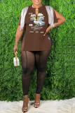 Coffee Casual Print Tassel Patchwork Slit V Neck T-Shirts