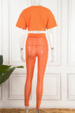 Orange Casual Solid See-through O Neck Short Sleeve Two Pieces