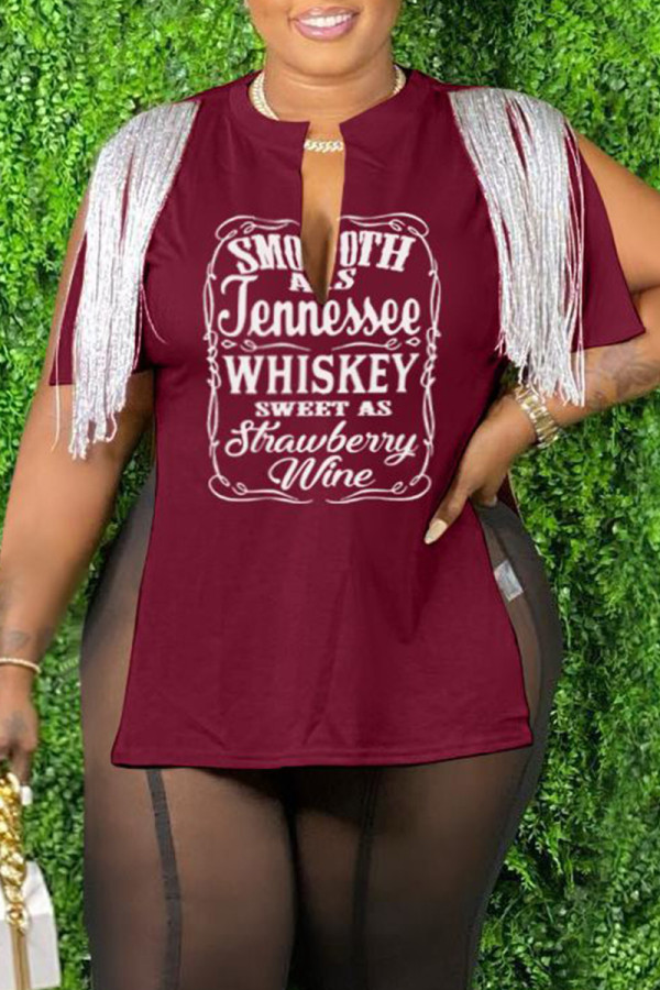 Burgundy Casual Letter Print Tassel Patchwork Slit V Neck T-Shirts