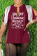 Burgundy Casual Letter Print Tassel Patchwork Slit V Neck T-Shirts