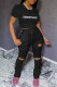 Black Casual Letter Print Ripped Fold O Neck Short Sleeve Two Pieces