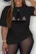 Black Casual Print Letter O Neck T-Shirts