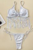 Silver Sexy Solid Tassel Bandage Sequins Patchwork Swimwears